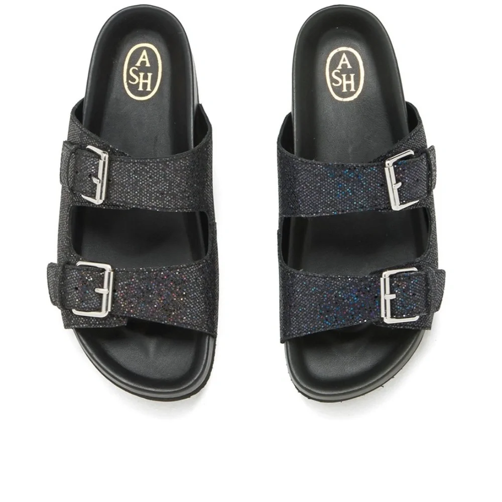 Ash Womens Black Sparkle Double-Buckle Slide Sandals